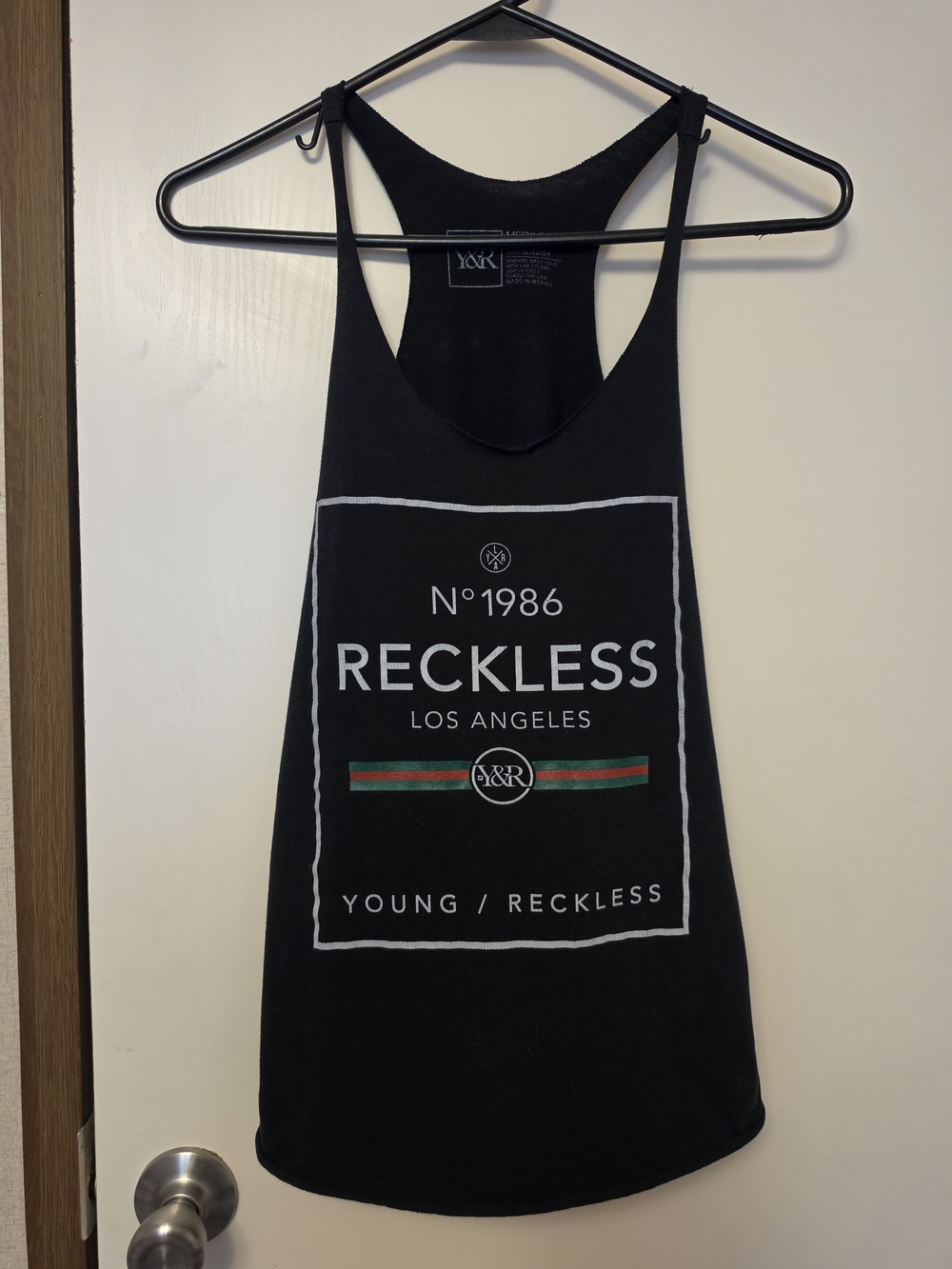 Young & Reckless Black Racerback Tank with Green and Red Stripe
